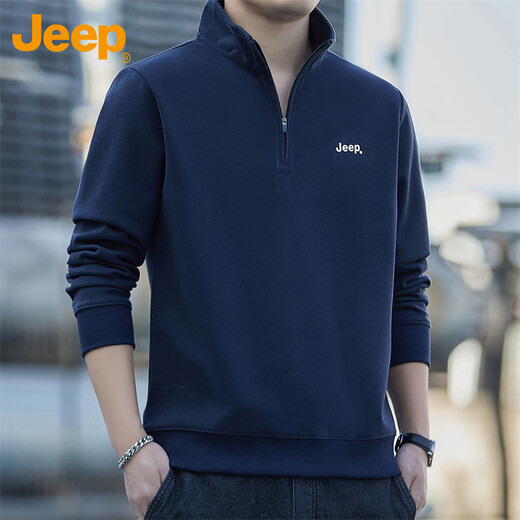 Jeep (JEEP) sweatshirt men's autumn and winter loose stand-up collar long-sleeved T-shirt men's heavy trend clothing men's navy blue 2XL