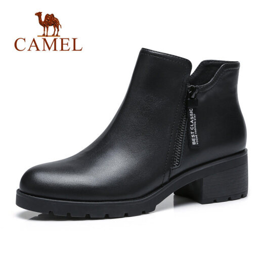 Camel (CAMEL) Women's Shoes Short Boots Simple Retro Square Heel Naked Boots Women's Round Toe Medium Heel Short Boots Women's Boots 37