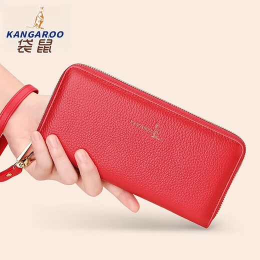 Kangaroo Long Cowhide Zipper Clutch 2025 Summer Genuine Leather Simple Ladies Wallet Red