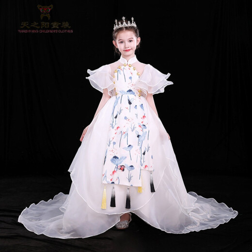 Girl model T stage catwalk Chinese style clothing children's flower girl tail dress princess dress 2020 new fashion high-end little girl evening dress host birthday performance suit L children model catwalk costume female Bai Yinghe Chinese style tail dress children's dress princess wedding dress evening dress 140cm