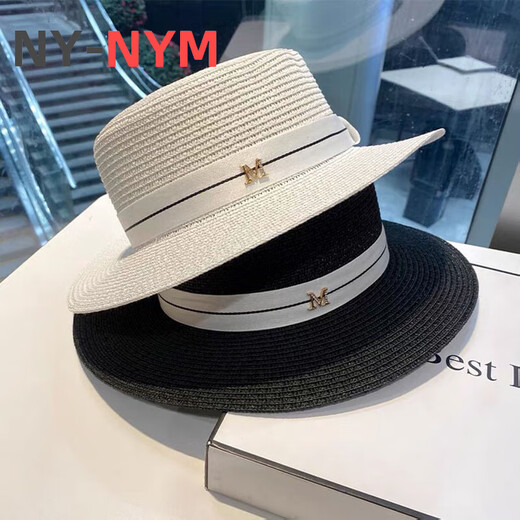 NY-NYM webbing M label straw hat for women summer British retro flat top fresh top hat sun protection beach hat white M (56-58cm)