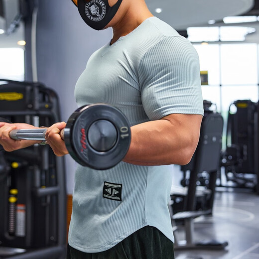 Lutielang V-neck fitness clothes coach tights quick-drying elastic men's muscle training sports short-sleeved T-shirt summer pink M