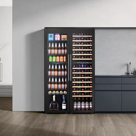 Bacchus red wine cabinet double door 150 bottles thermostat cabinet commercial household tea champagne whiskey ice bar cabinet built-in wine storage living room refrigerator villa four temperatures - left beverage type + right all-wood shelf type 416L