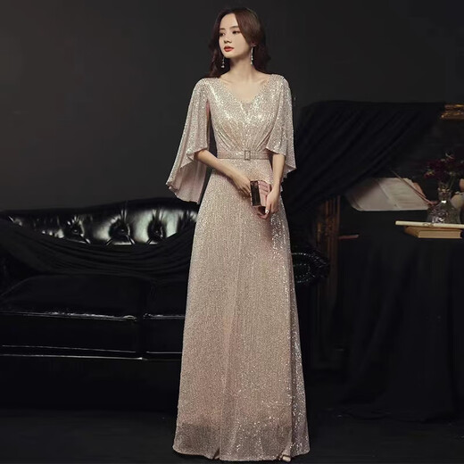 Noliti high-end evening dress banquet fashion new style noble golden light luxury high-end niche performance host female champagne color long XL