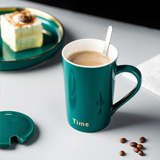 Porcelain Soul Ceramic Mug Coffee Cup Office Drinking Cup with Spoon Large Capacity Milk Cup Green