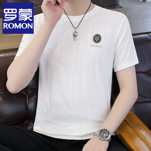 罗蒙（ROMON）夏季新款男士冰丝短袖T恤男潮半袖体恤暗纹提花男装速干上衣男薄 698白色 XL 120-135斤