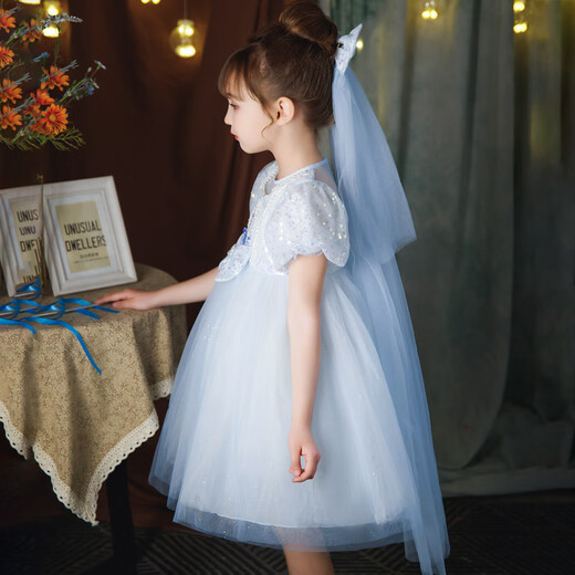 Wankai Frozen Luminous Skirt Girls Elsa Princess Skirt Children Elsa Sequined Puff Dress Princess Luminous Skirt + Headwear + Jewelry 7-piece Set 100cm