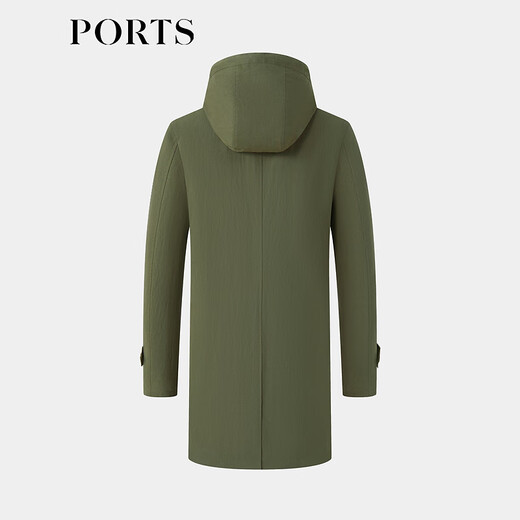PORTS宝姿男装秋季棉混纺轻微防水可拆卸帽翻领合身长风衣 绿色 S