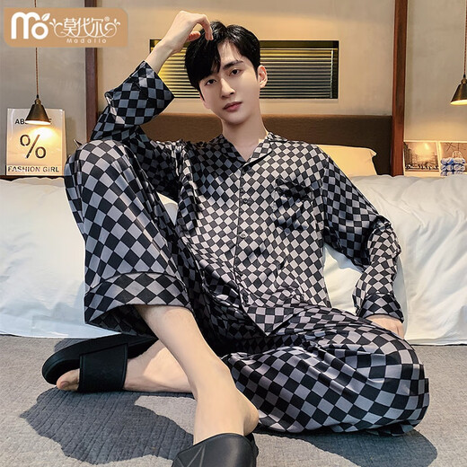 Modal men's pajamas spring and autumn ice silk long sleeve trousers suit men's summer 2025 new home clothes 6627 gray rice dumplings 2XL