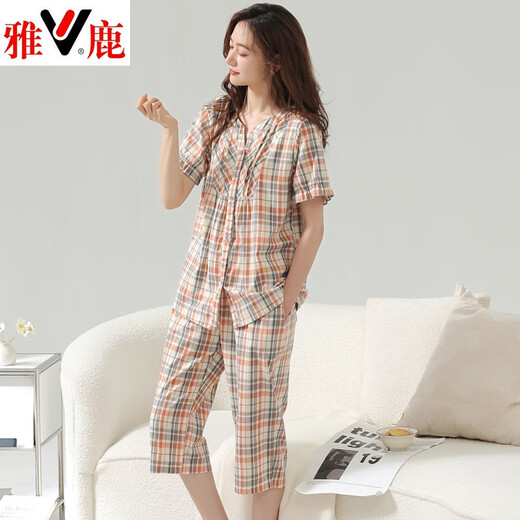 雅鹿梭织纯棉睡衣女夏季薄款短袖七分裤纱布全棉显瘦休闲家居服套装 5021 170(XL) 120-160斤