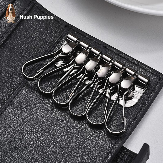 Hush Puppies Key Bag Unisex Genuine Leather Key Bag Keychain Multifunctional First Layer Cowhide Key Bag Card Holder 2-in-1 Black