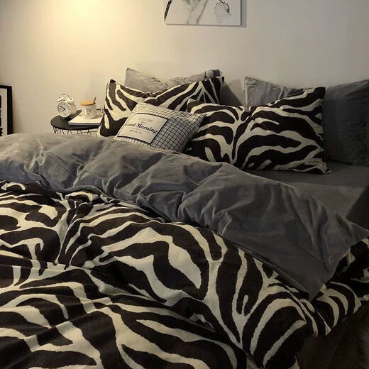 镜月图网红水洗棉床上用品春秋学生单人宿舍床单三件套被套男夏季 豹纹-灰 1.5米 四件套【被套1.5x2米】