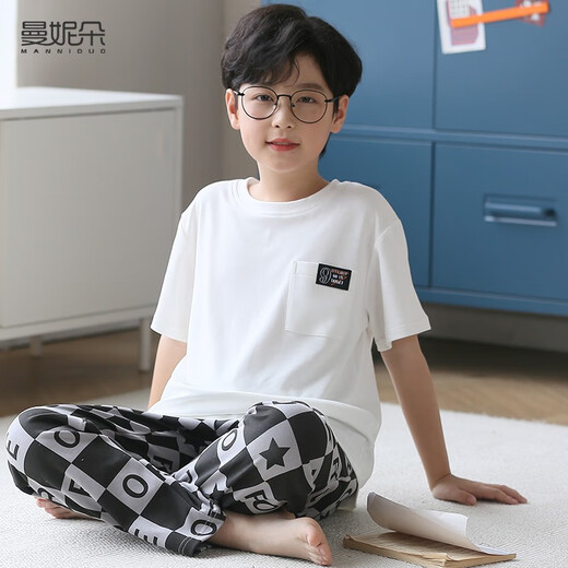 曼妮朵儿童睡衣男童短袖长裤大童家居服夏青少年全棉男孩纯棉空调服套装 N9903【短长】 140 16码建议135-145cm