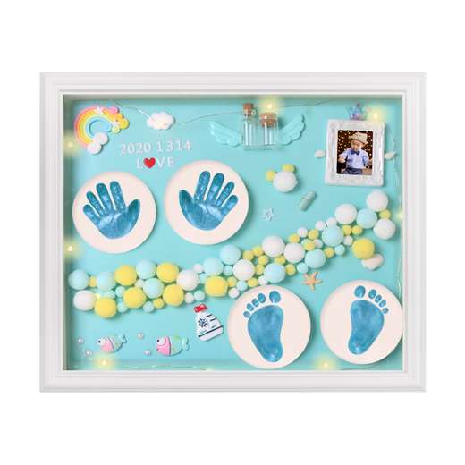Taoshang Baby Full Moon Commemorative Hand and Foot Print Mud Newborn Baby Hand and Foot Mud Mud 100th Birthday Photo Frame 12-inch Frame True Love Elegant Blue + Warm Light
