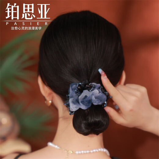Bosiya new Chinese style large intestine hair band for women with hair tied on the back of the head, blue ball-shaped hair band, headband, hair ornament, blue lotus