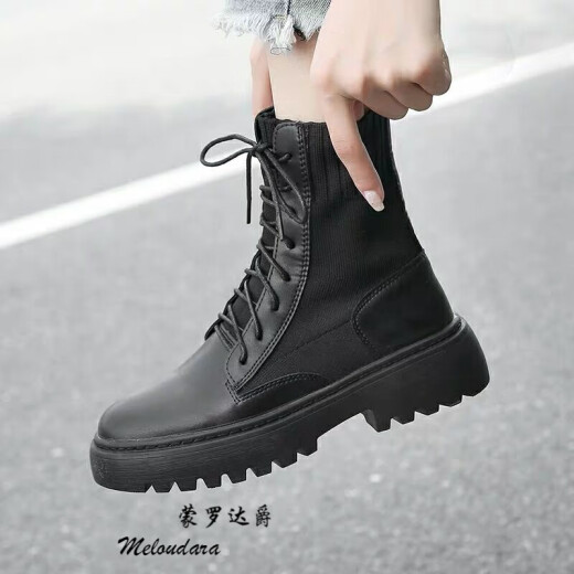 2020 New British Style Martin Boots for Female Students Korean Version Thick-soled Motorcycle Front Lace-up High-top Stretch Sock Boots Black/Single Li 37
