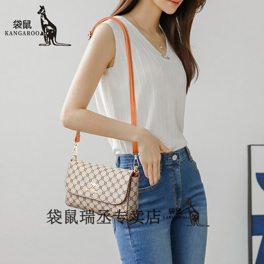 Kangaroo Brand Genuine Leather Women's Bag 2024 New Fashionable Middle-aged Mom Casual Bag Shoulder Crossbody Small Square Bag KJ Brown-With Clutch JD
