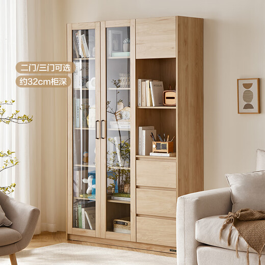 Quanyou Home Nordic style bookcase with door, living room hand-made display cabinet, balcony floor-standing wall storage glass cabinet