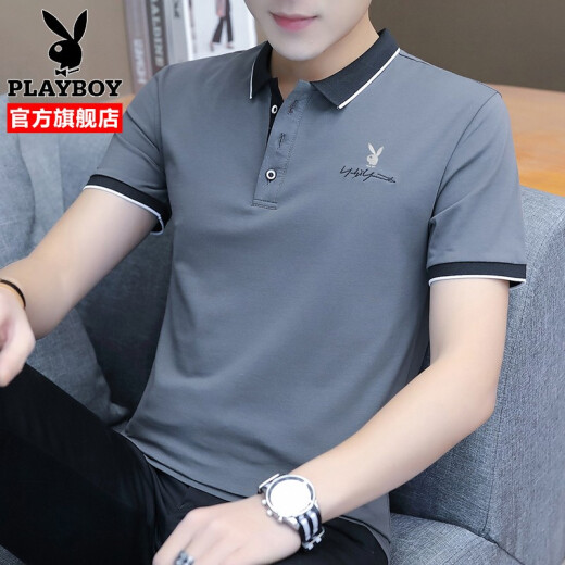 Playboy short-sleeved T-shirt men's 2021 spring and summer new trendy brand loose Korean version men's T-shirt polo lapel shirt solid color men's tops 125 dark gray XL