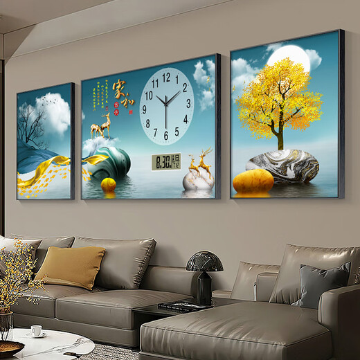 Sanqihu Wohnzimmer Dekoration Gemälde Perpetual Kalenderuhr Moderne einfache Fulu Mountain Sofa Hintergrund Wandtriptychon Wanduhr ZP1283+ZP1284+ZP1285 (Fulu verdient Geld, Mitte 70*50+etwa 35*50 (geeignet für 1,8-2