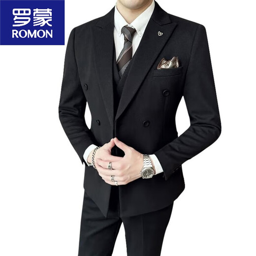 ROMON woolen suit men's suit double-breasted autumn and winter thickened warm jacket handsome wedding banquet dress men's trendy khaki suit vest vest black lining M 100110Jin Jin equals 0.5 kg
