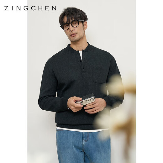 ZINGCHEN Heavy Batik Technology ZINGCHEN Men's Henley Collar Pocket Profile Sweatshirt Baseball Collar Pullover Black 2XL