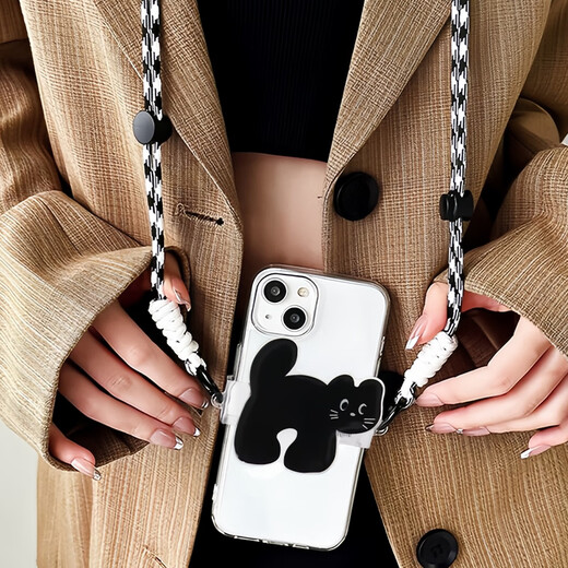 Dipur detachable mobile phone back clip lanyard adjustable crossbody strap hanging neck anti-lost and anti-fall ins cartoon diagonal cross-body applicable to any mobile phone Black Cat