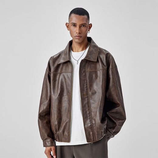 BODYDREAM新复古回潮做旧PU皮衣外套男旷野美拉德穿搭美式街头休闲机车夹克 深棕色 4XL