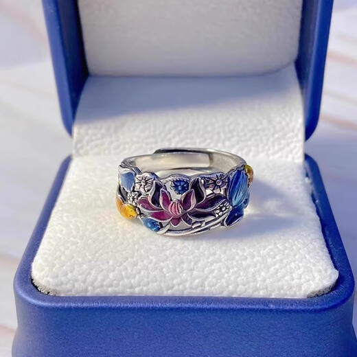 QMXD ring for women burned blue enamel to attract wealth and transfer koi lotus retro style national trend Han costume accessories niche trend opening ring + exquisite gift box