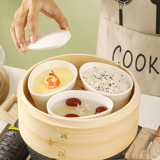 Muziqiu ceramic steaming bowl with lid, baby stew pot, small steaming cup, water-proof steamed egg, steamed rice, stewed egg, steamed egg custard special bowl, egg-shaped high-temperature ceramic bowl*3+porcelain lid*3