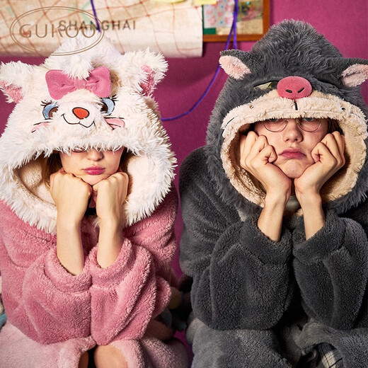 Gukoo Couple's Pajamas Autumn and Winter Mary Cat Series Co-branded New Coral Velvet Nightgown Women's Home Clothes Men's Pajamas D Mary Cat Women's Nightgown M