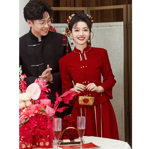 Seidler Toast Wear Bridal Cheongsam 2025 New Thickened Engagement Dress New Chinese Style Wedding Long Sleeve Women's Autumn and Winter Burgundy One Size Customized No Returns Available