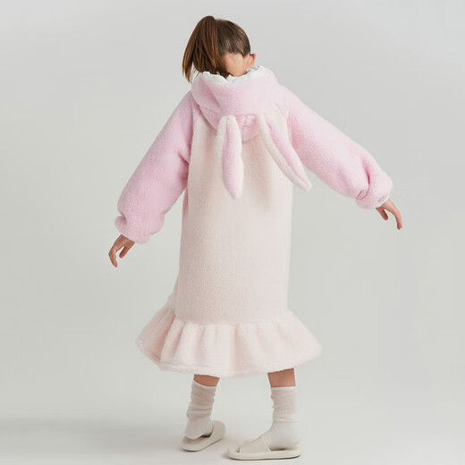 Adoring boy sweet and cute autumn and winter thickened home clothes pajamas girl fluffy bunny hooded pajamas fun bunny ears pink pink 170
