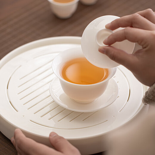 SUSHI CERAMICS Mutton Fat Jade Chinese White Tea Set Three-Cai Covered Bowl Stars Ceramic Dry Infusion Plate Tea Can Eight-Cup Gift Box Set