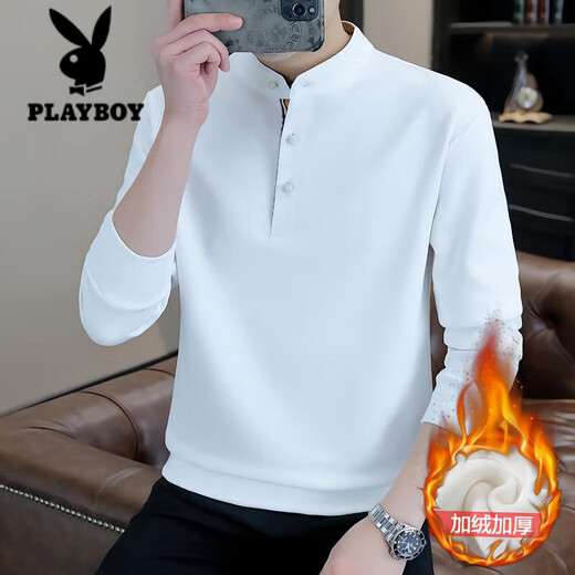 Playboy (PLAYBOY) Men's Light Luxury Chinese Style Sweater Men's Henry Collar Velvet Thickened Long-Sleeved Autumn and Winter Bottoming Shirt Black-Winter Style Velvet XL (Recommended Weight 135-155 Jin Jin is equal to 0.5 kg)