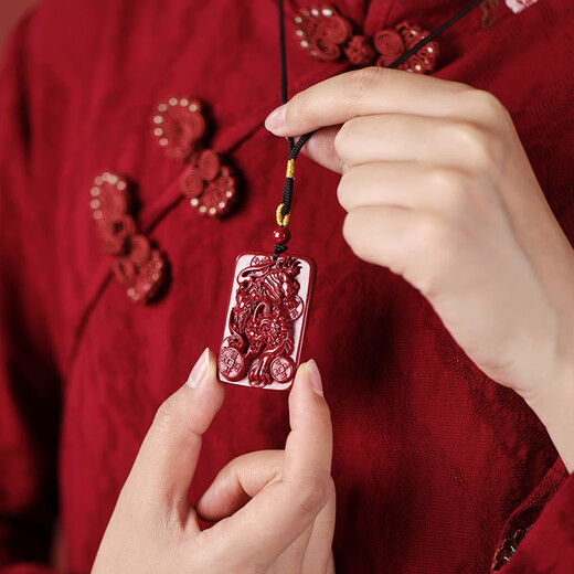 Ji Zhaotang genuine cinnabar Pixiu pendant to attract wealth, Overlord Pixiu transfer bead necklace, Year of the Horse male and female body protection birthday gift, purple gold sand, Overlord Lucky Pixiu square card