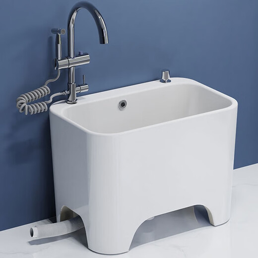 Darv Mop Pool Home Balcony Ceramic Washing Large Outdoor All-in-One Mop Pool High Legs with Holes Sitting Faucet Floor Basin J-T4 Desktop Controlled Water + Universal Faucet - 2 models in the picture