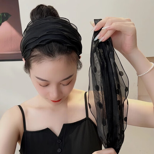 Zuoou black wide-brimmed headband female Internet celebrity new polka dot organza hairpin widened to cover white hair with toothed anti-slip headband pure black
