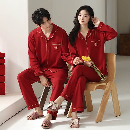 LangSha (LangSha) wedding newlywed couple pajamas for one man and one woman, spring and autumn pure cotton long-sleeved Chinese red home clothes two sets price 862 for women + 762 for men, L for women + XL for men