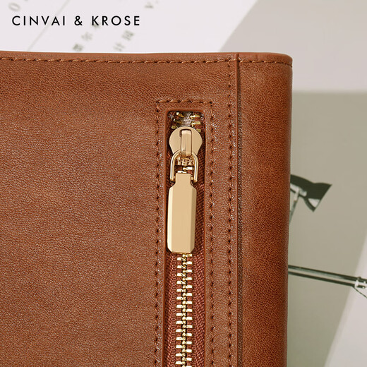 CinvaiKrose真皮短款钱包女士2025新款防盗锁扣简约卡包钱夹生日礼物送女友 棕色