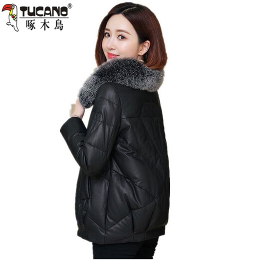 Woodpecker Large Fur Collar Leather Jacket Women's 2025 Autumn and Winter New Korean Style Leather Cotton Jacket Short Thickened Cotton Jacket Gray M Recommended 95-110Jin Jin equals 0.5 kg