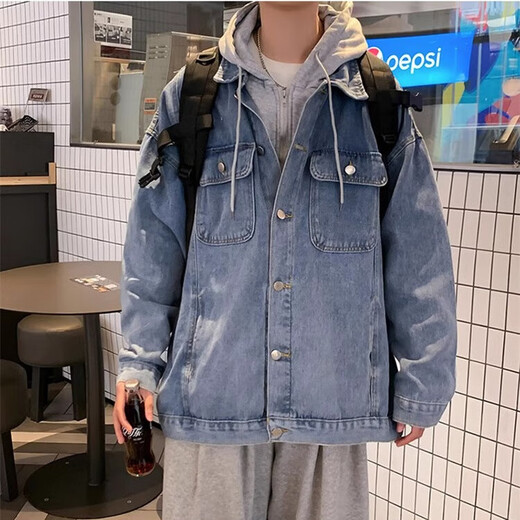 Yiran presents a handsome denim jacket for men in spring and autumn, trendy brand, retro hooded, loose, versatile, trendy, Korean version, fake two-piece jacket for men, blue L, recommended 120-135 Jin Jin is equal to 0.5 kg