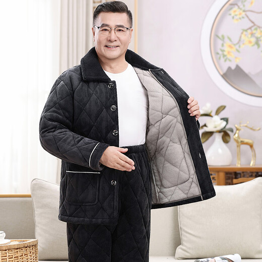 随阅睡衣男士冬季加绒加厚爸爸棉袄冬天牛奶绒保暖家居服中老年人套装 N9926F蓝 牛奶绒 升级加厚 L 码 90-120斤