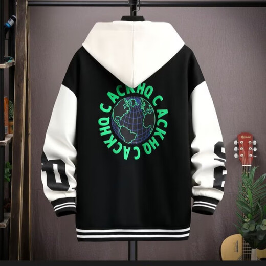 Gangti Bay Jacket Men's Baseball Jacket Men's Velvet Thickened Hooded Jacket Autumn and Winter Sports Trendy Handsome Teen Clothes Black (Earth) XL 120-140Jin Jin is equal to about 0.5 kg