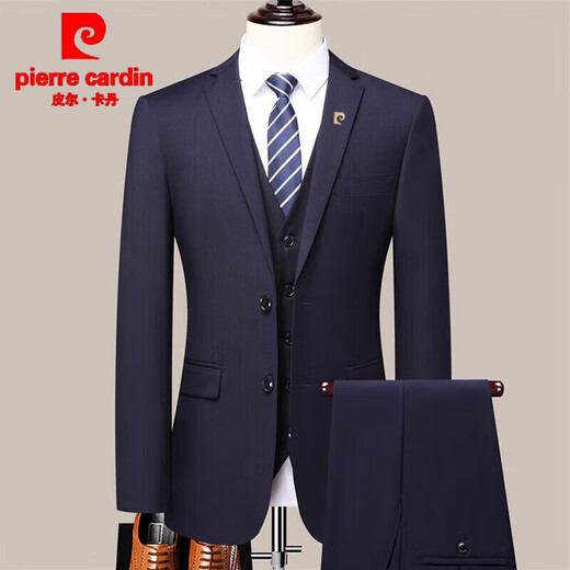 Pierre Cardin light luxury no-iron suit suit men's business formal suit two-piece suit professional groom groomsman suit knitted two-button navy blue (suit + trousers) 175 (130-140 Jin Jin equals 0.5 kg to wear)