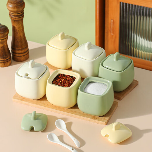 SUMEIJI salt shaker kitchen seasoning jar salt shaker ceramic Japanese seasoning jar combination household seasoning bottle small jar light luxury seasoning box three-color 3-pack seasoning jar tray with spoon