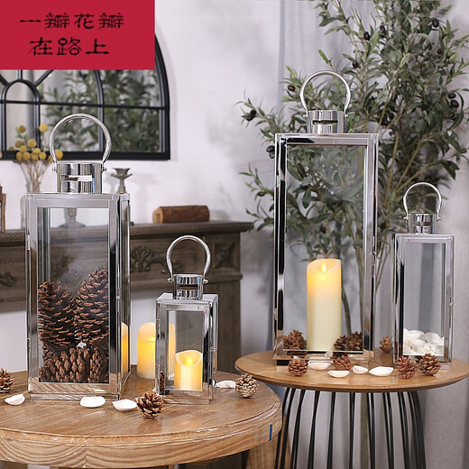 烛台烛光晚餐欧式简约不锈钢轻奢烛台摆件金色银色防风风灯浪漫 6629L香槟金加电子蜡烛7.5*20CM