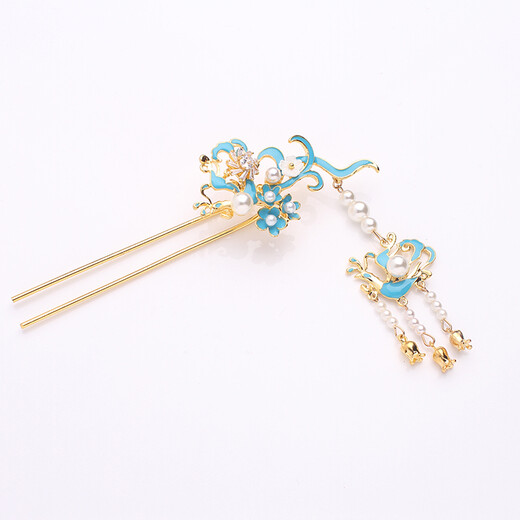 Handmade vintage cloisonné hairpin hairpin burnt blue antique style crested hairpin ancient costume tassel step shake daily Hanfu accessories Yu Rui hairpin