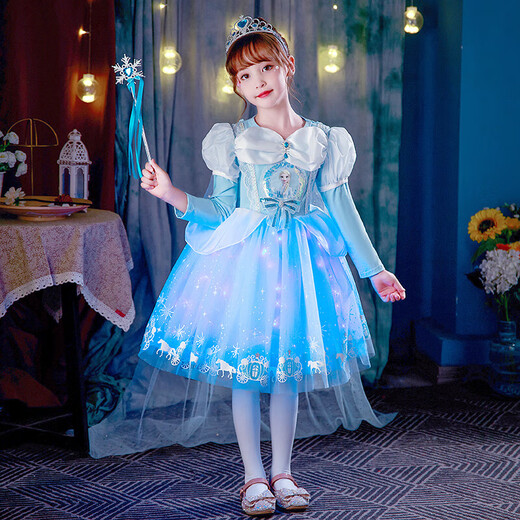 Frozen Elsa Princess Dress Autumn and Winter Plus Velvet Long Sleeve Luminous Skirt Elsa Birthday Children's Mesh Dress Elsa Pink Skirt + Gauze + Light 100Y