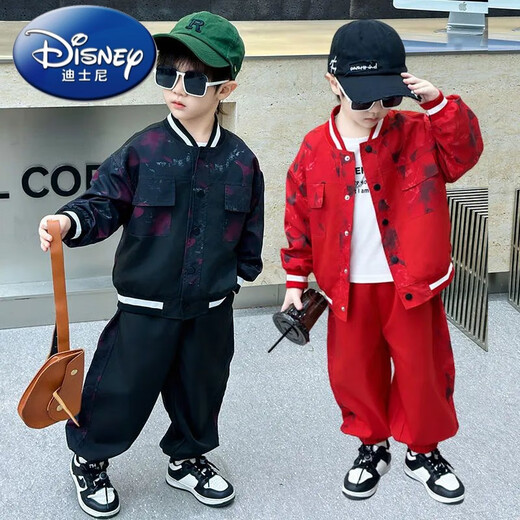 Disney (Disney) boys' autumn handsome baseball uniform suit new small and medium-sized children's street spring and autumn jacket sports two pieces black 150 yards